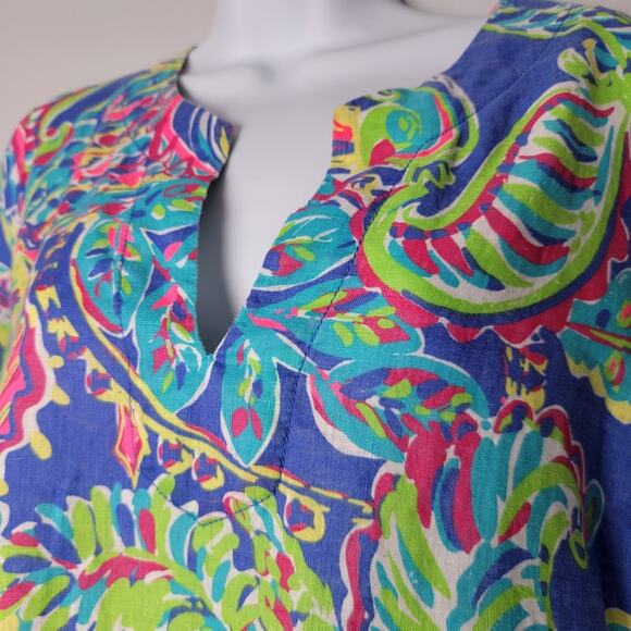 Lilly Pulitzer Dress Small Linen 3/4 Sleeve Blue Pink Paisley‎ Print Tunic Dress - Picture 2 of 9